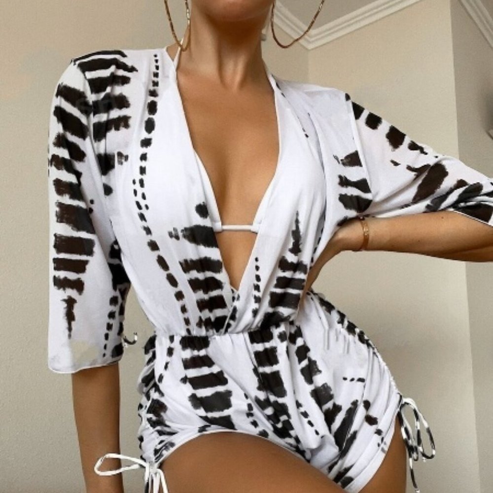 Black and White Halter Triangle Bikini Swimsuit With Cover Up